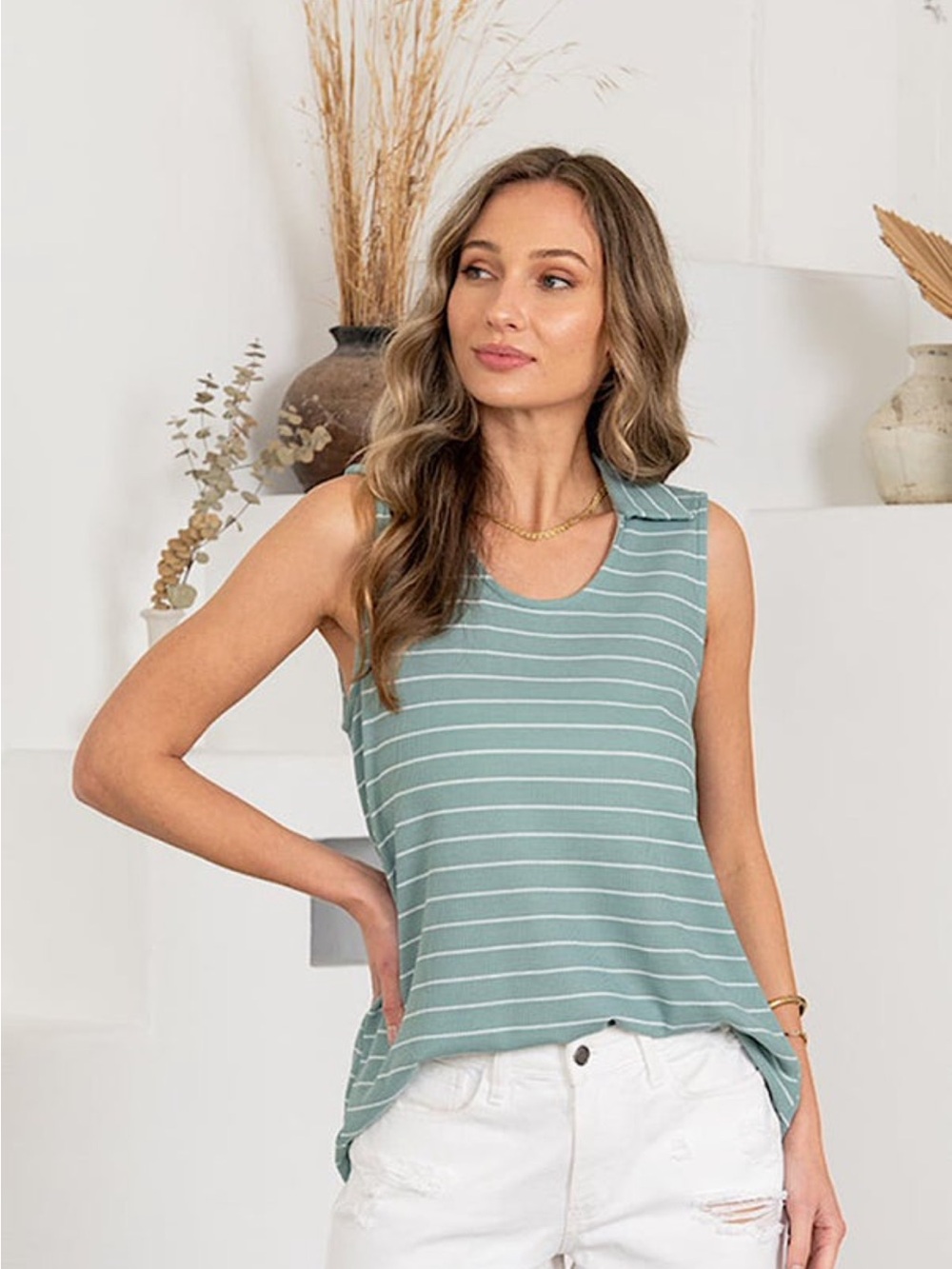 LIKE LOVE: Micro Waffle Sage Green Sleeveless Striped Tank Top